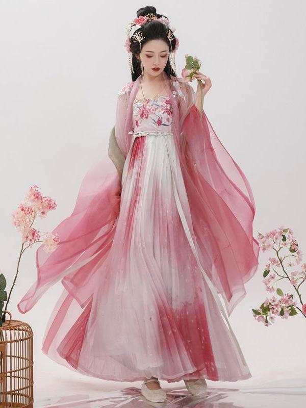 漢服 レディース 唐様式 斉胸襦裙 訶子デザイン 刺繍 大袖羽織 優雅 華やか 仙女風 春夏 ポリエステル スパンデックス素材 ピンク ゆったり 快適 イベント 普段着
