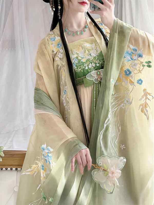 漢服 レディース 唐様式 晴れ晴れしい刺しゅう 大袖 広袖 襦裙 奥ゆかしい 雅びやか 晴れ晴れしい デイリー 成年者 目あたらしい シフォン ポリエステル 春夏 オール時節 緑 サクラ色