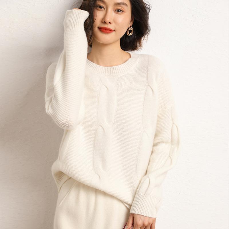 ニット セーター レディース 女性用 カシミヤ ケーブル編み プルオーバー ゆったり 秋冬 無地 ショート丈 トップス ラウンドネック 丸首 長袖 カジュアル 通勤