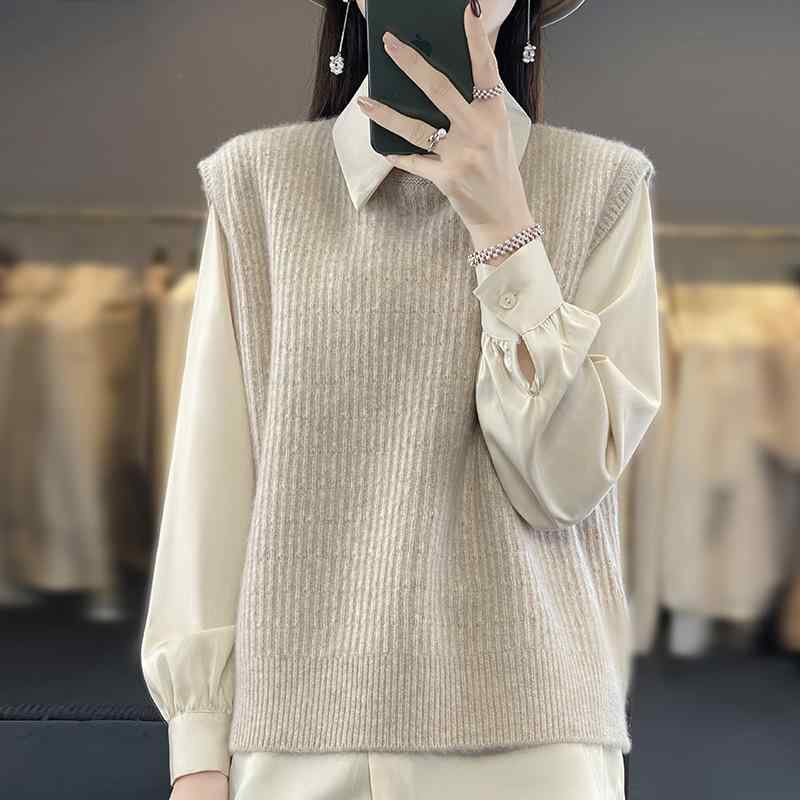 ベスト レディース 女性用 無地 ウール ニット Vネック ノースリーブ ゆったり ルーズ オーバーサイズ 韓国ファッション 韓国風 通勤 オフィス カジュアル 重ね着 トップス 秋冬