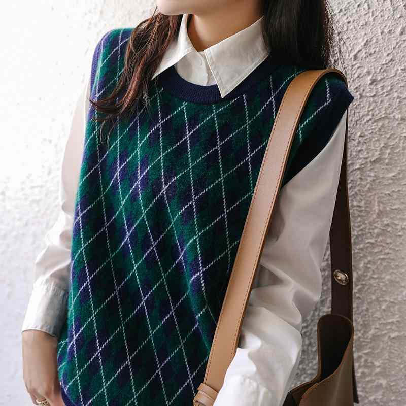 編み物より良い レディース 学院風 レトロ 羊毛100% Vのど首 アーガイル柄 ゆったり 大層らしい大きさ 韓国風 心地よい デイリー若い者 重ね着 秋冬