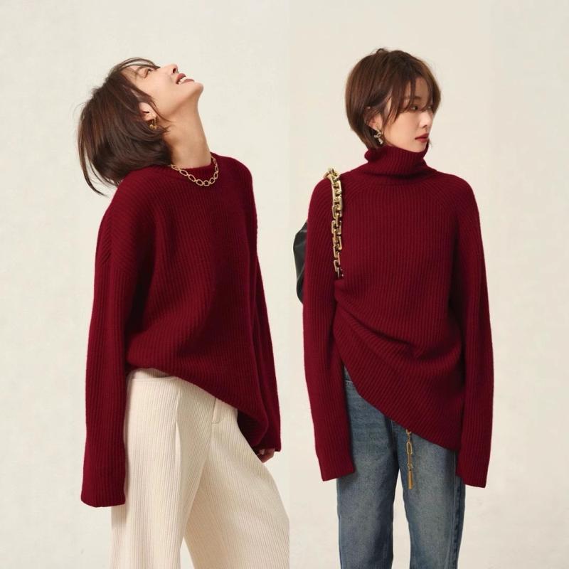 セーター レディース カシミヤ混 秋冬 クルーネック 厚手 ゆったり レトロ こなれ感 レッド プルオーバー ニットトップス 通勤 オフィススタイル 着回し 無地 長袖