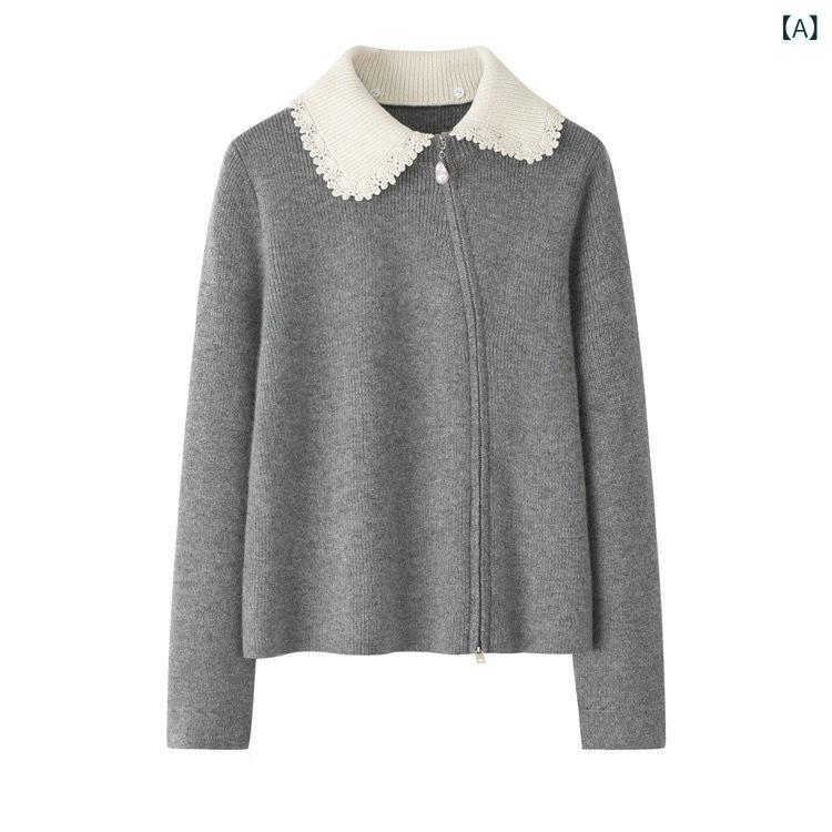 カーディガン レディース 手編み ドールカラー 純カシミヤ 厚手 ゆったり バロックパール ジップアップ エレガント 上品 高見え 春夏 長袖