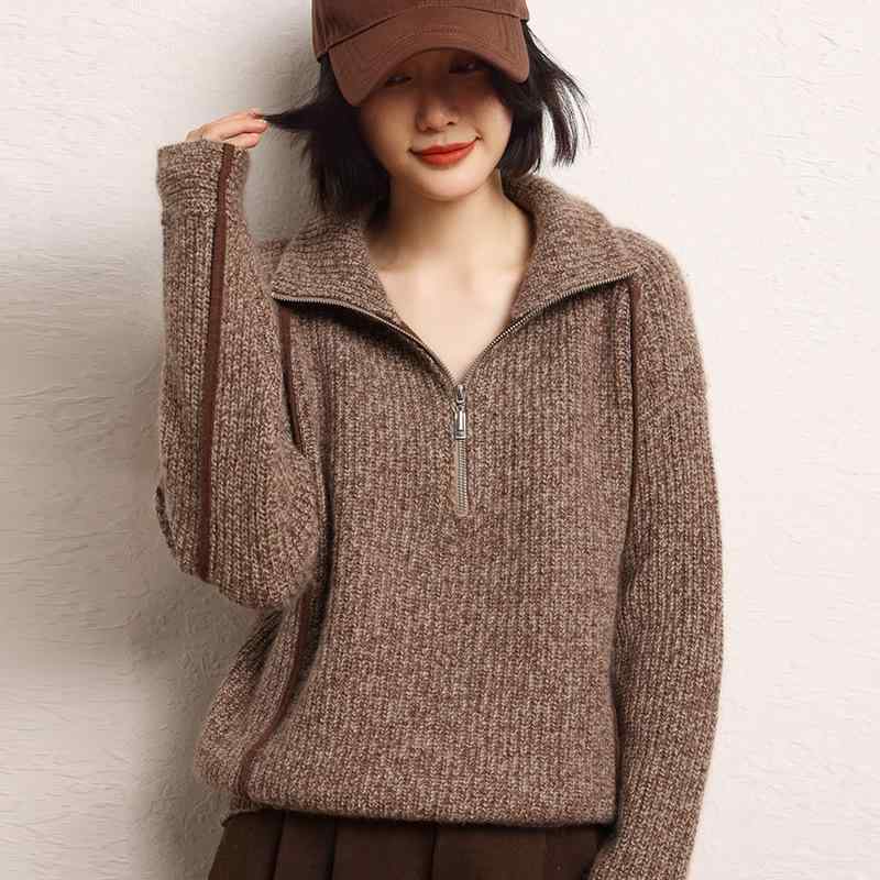 セーター レディース 秋冬 カシミヤ 厚手 ハーフジップ プルオーバー ゆったり ショート丈 長袖 ニット トップス 通勤 きれいめ 大人カジュアル
