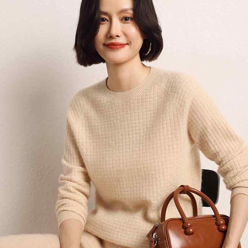 ニット レディース カシミヤ ラウンドネック 無地 ワッフル編み プルオーバー ショート丈 ゆったり リラックスフィット 春夏 中厚手 エレガント カジュアル オフィス 通勤 長袖｜セキュアデポ