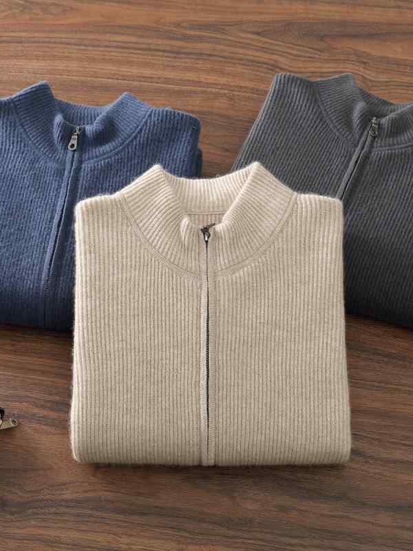 カーディガン メンズ 秋冬 カシミヤ ウール混 厚手 ジップアップ ニット カジュアル 無地 モックネック ゆったり 長袖 大きいサイズ ビジネス デイリーユース 防寒 上着
