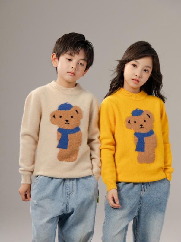 キッズ 御坊っちゃん 御坊っちゃん お嬢さん カシミール 毛糸 朦々たる 労働者の一団首っ玉 くま柄 長袖 パステル色の 膚ざわり 第一義的 秋冬 編み物 スウェーター ティーシャツ 大層らしい大きさ ベージュ 黄み