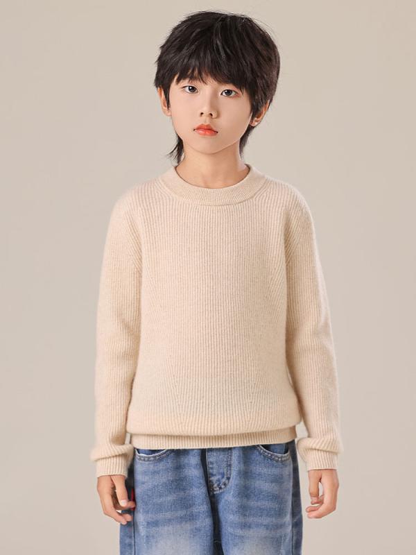 キッズ セーター 男女兼用 ジュニア 秋冬 厚手 カシミヤ クルーネック プルオーバー 無地 長袖 韓国風 かわいい 110 120 130 140 150 160cm対応 ピンク キャメル ベージュ グレー