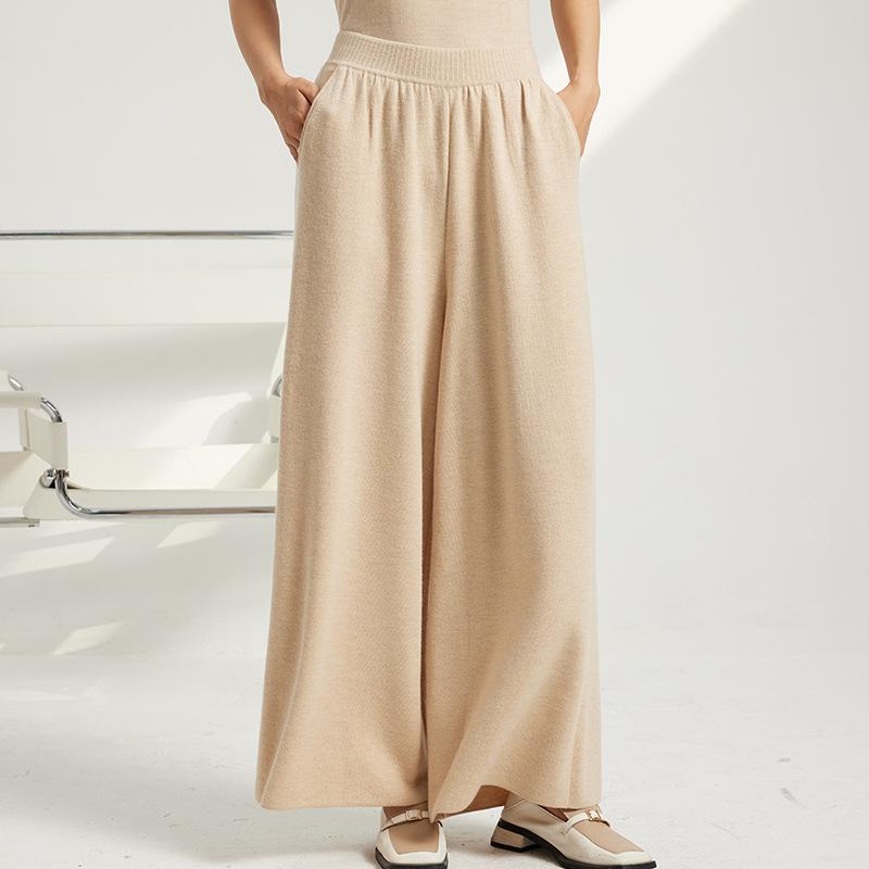 パンツ レディース カシミヤ100% ハイウエスト ドレープ感 上品 シンプル ストレートパンツ ゆったり 厚手 高伸縮性 通勤 オフィス カジュアル リラックス 長パンツ