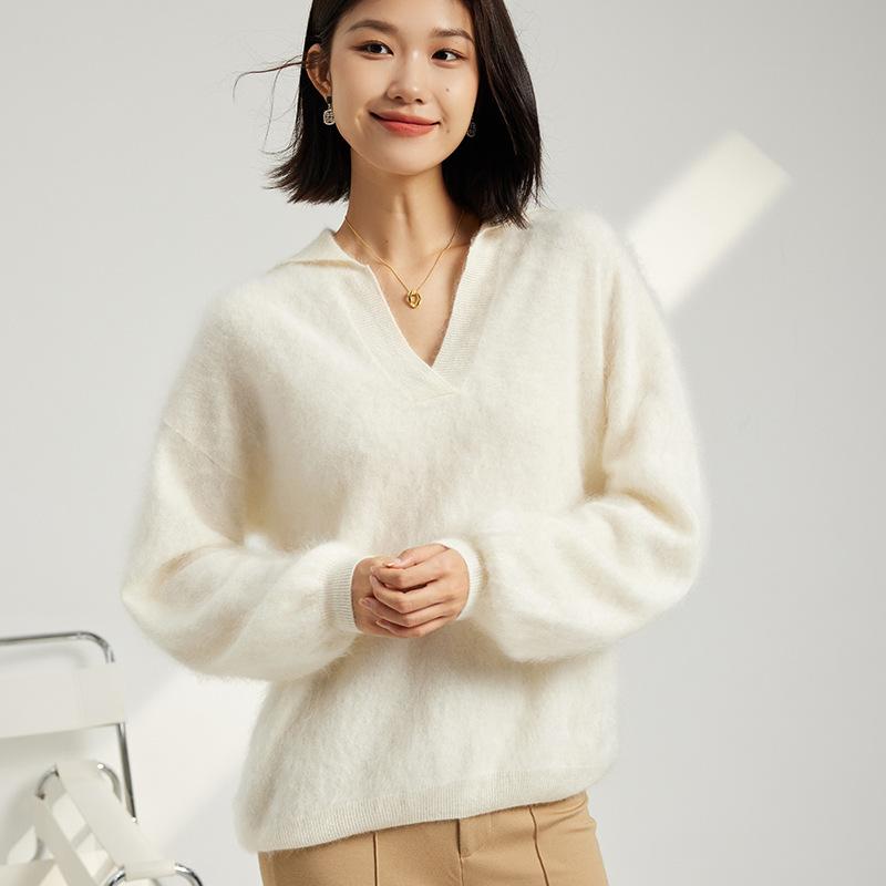 ニット レディース カシミヤ100% 起毛 Vネック パフスリーブ ゆったり ルーズフィット 厚手 保温 プルオーバー 通勤 シンプル