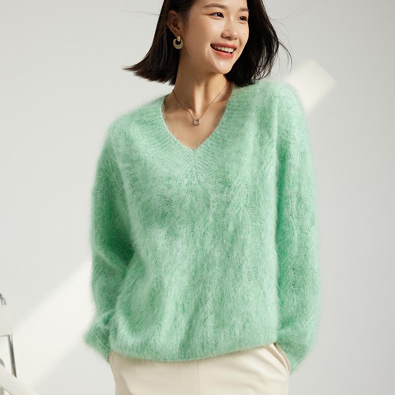 セーター レディース 秋冬 カシミヤ 厚手 Vネック ケーブル編み プルオーバー ゆったり ルーズシルエット 起毛 長袖 無地 通勤 カジュアル ニット トップス
