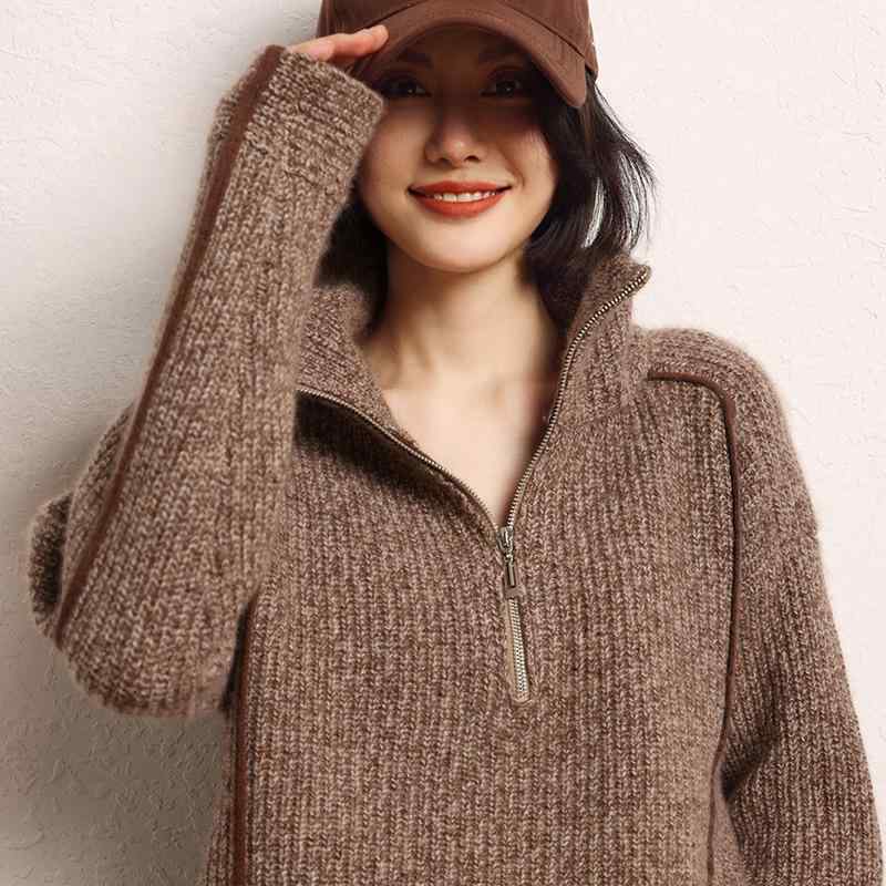 ニット レディース 肉厚 厚手 シワになりにくい ウールカシミヤブレンド メランジ ハーフジップ ハイネック 韓国風 ゆったり カジュアル 通勤 12,480円
