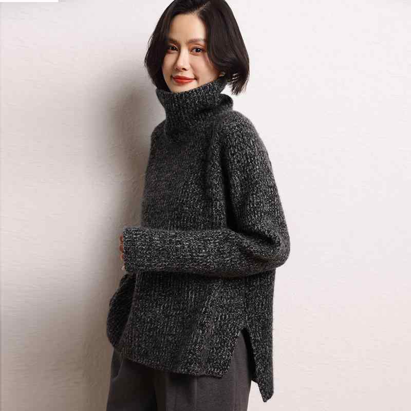 ニット レディース 秋冬 カシミヤ混 ウール混 ハイネック スリット 厚手 ゆったり オーバーサイズ プルオーバー 長袖 セーター 前後差 ヘムライン 通勤 オフィス 体型カバー 上品 無地