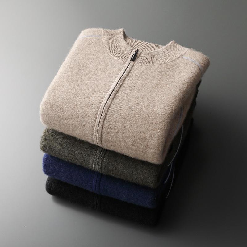 カーディガン メンズ 男性用 秋冬 カシミヤ ウール混 モックネック ジップアップ ニットセーター ゆったり オーバーサイズ 切り替えデザイン 厚手 暖かい 防寒 ビジネスカジュアル