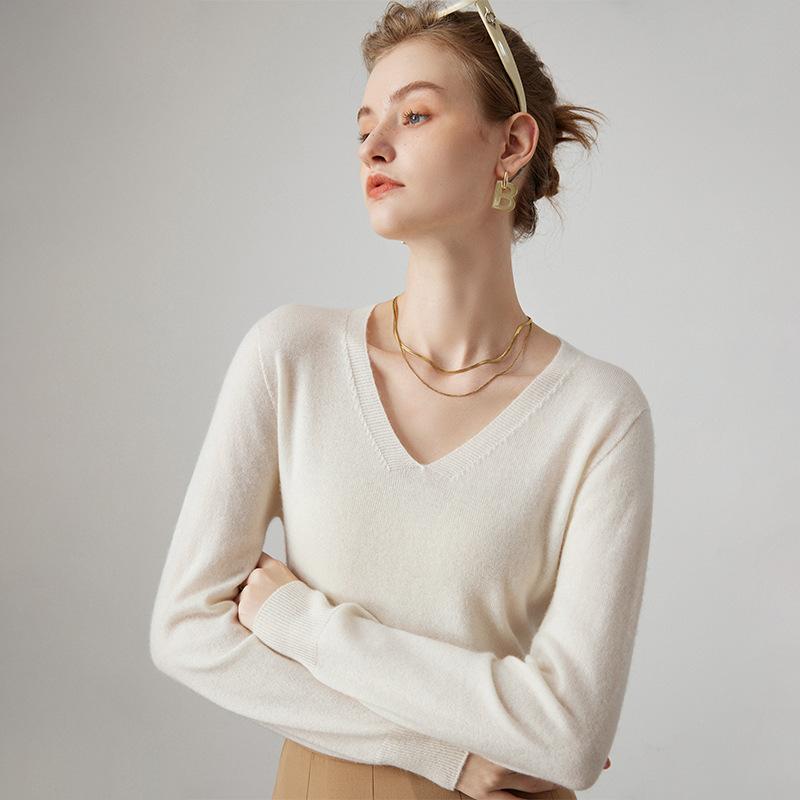 ニット レディース Vネック カシミヤ混 シームレス プルオーバー 無地 長袖 秋冬 インナー 重ね着 通勤 エレガント トップス 中厚手｜セキュアデポ