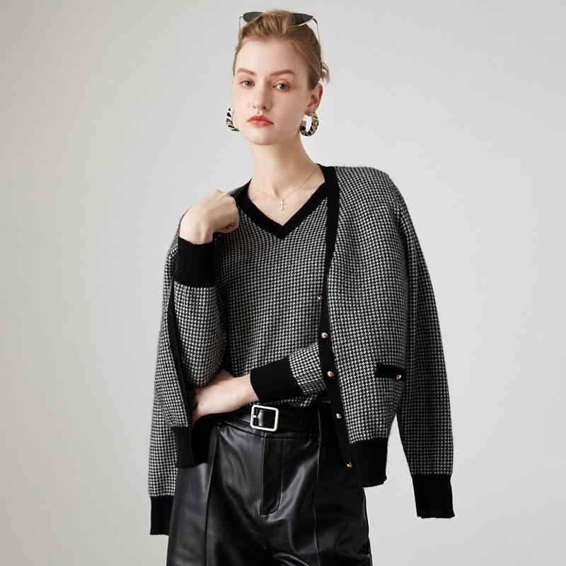 カーディガン レディース Vネック ニット カシミヤ 千鳥格子 レトロ クラシック 上品 ショート丈 厚手 通勤 オフィススタイル