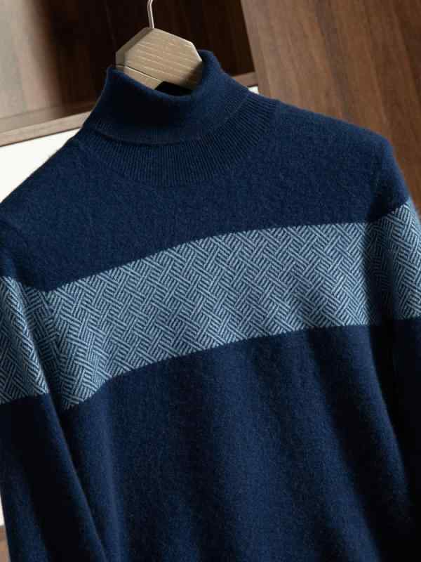 ニット メンズ ハイネック ウール カシミヤ混 厚手 ブリティッシュスタイル 切り替えデザイン ストライプ柄 秋冬 カジュアル ビジネス 通勤 大人 おしゃれ 暖かい｜セキュアデポ