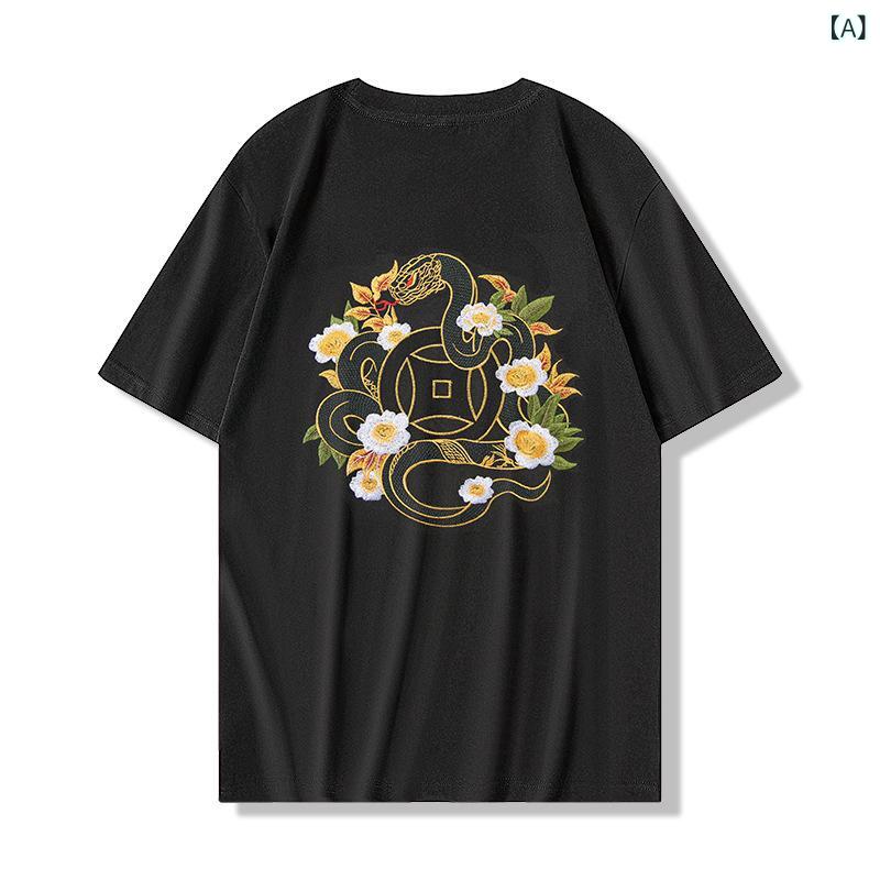 Tシャツ メンズ ゆったり ルーズフィット 薄手 クルーネック 半袖 キャラクター刺繍 通気性 防汚 綿100% 快適 カジュアル 普段着 春夏
