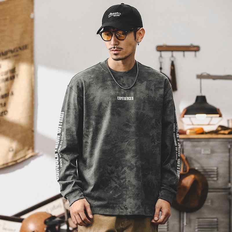 Tシャツ メンズ ヘビーウェイト 厚手 オーバーサイズ ゆったり 長袖 ドロップショルダー クルーネック アメカジ レトロ ヴィンテージ ウォッシュ加工 ユーズド加工 雲染め ロゴプリント 綿 通気性 秋 カジュアル ストリート 普段着