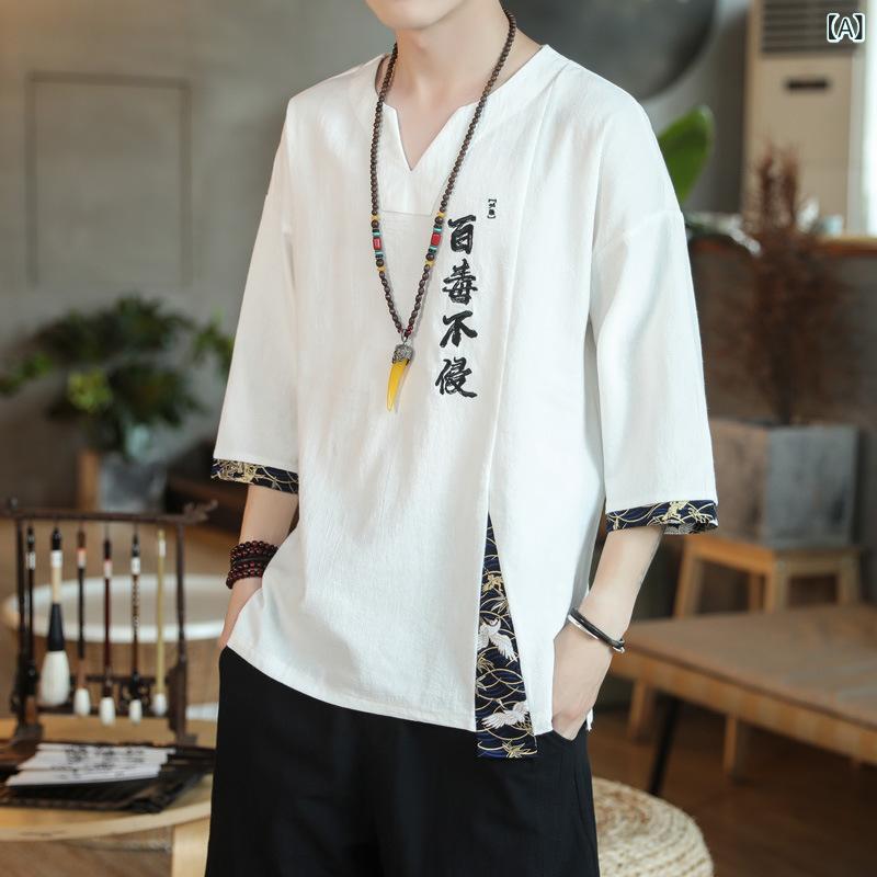 Tシャツ メンズ 抗菌 綿麻混紡 ビッグシルエット ゆったり 大きいサイズ 中国風 レトロ トレンド Vネック プルオーバー 半袖 切り替え 刺繍 ロゴプリント カジュアル 春夏