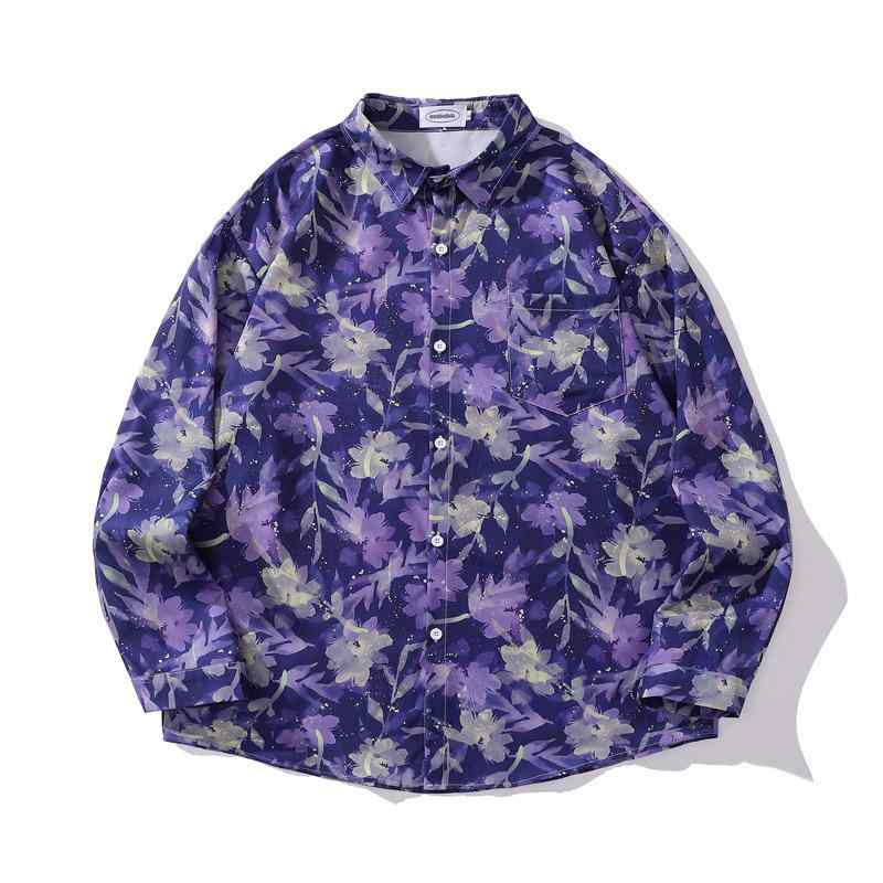 シャツ メンズ ゆったり オーバーサイズ ビッグシルエット ルーズフィット 長袖 小花柄 レトロ ヴィンテージ 香港風 個性的デザイン トレンド おしゃれ クール ポリエステル カジュアル 秋 普段着 デイリーユース