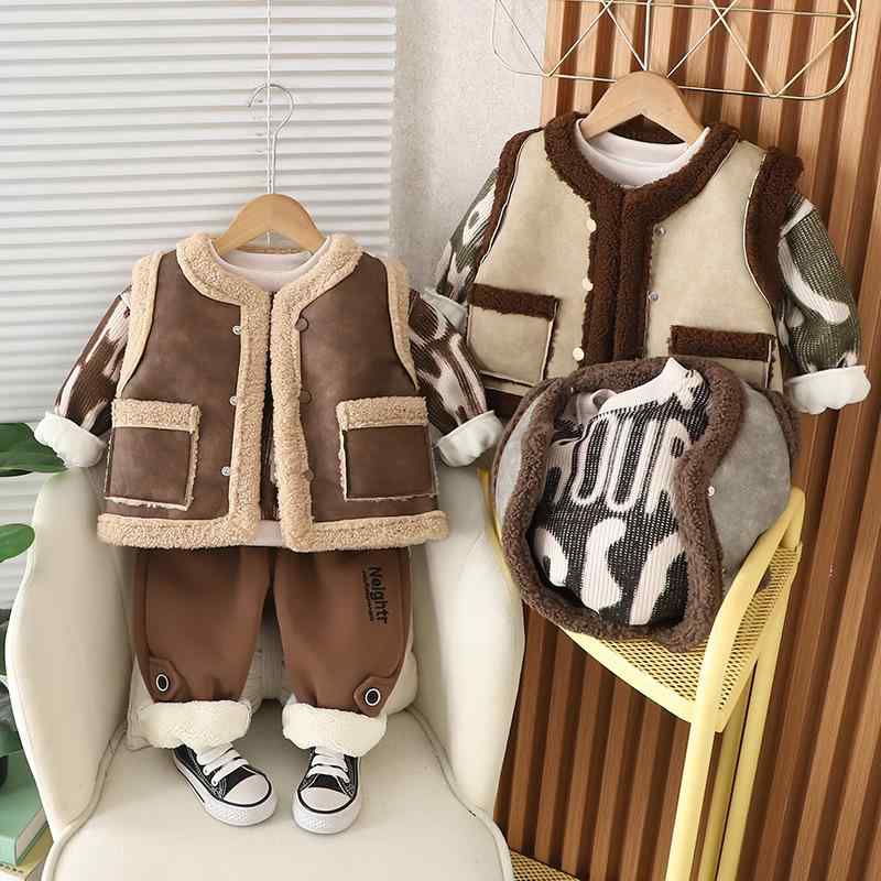 キッズ 男の子 セットアップ 裏起毛 厚手 あったか ボアベスト スウェット トレーナー 長パンツ 3点セット 秋冬 韓国風 フードなし 配色切り替え 綿 コットン 幼児 ベビー 部屋着 通園 お出かけ ブラウン カーキ グレー