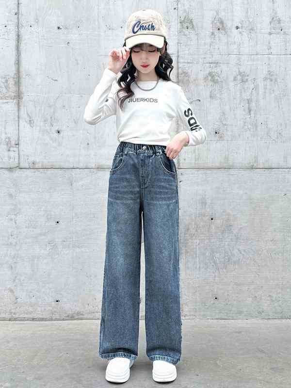 キッズ 女の子 パンツ ゆったり 動きやすい 春秋 デニム ジーンズ ワイド ガウチョ ジュニア 通学用 外出用 普段着 韓国風 おしゃれ カジュアル コットン 無地