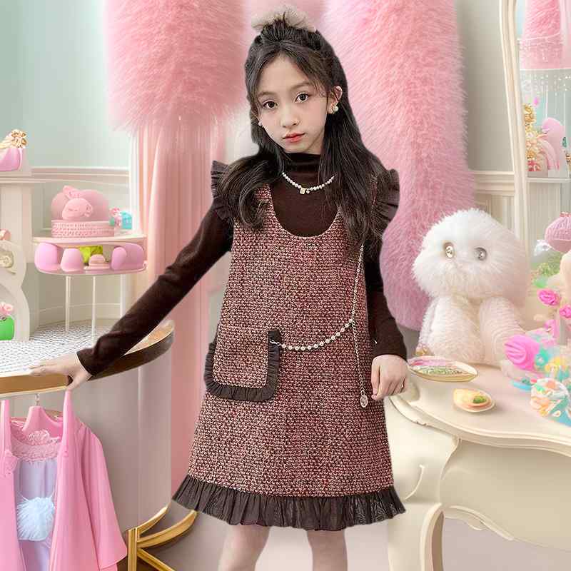 ワンピース ジュニア 女の子 上品 チェック柄 ジャンパースカート 長袖 2点セット ポリエステル 柔らかい オールシーズン ブラウン