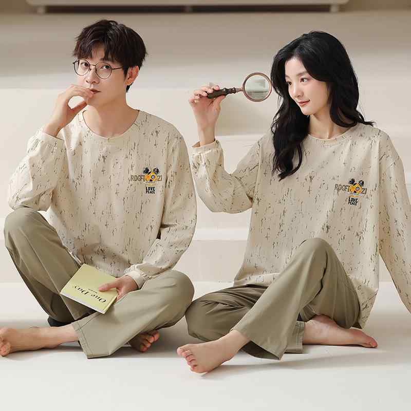 パジャマ カップル ペア ルームウェア レディース 女性用 メンズ 男性用 コットン100% 長袖 ロングパンツ 部屋着 外出着対応 かわいい キャラクターデザイン オールシーズン 丸首 中厚手