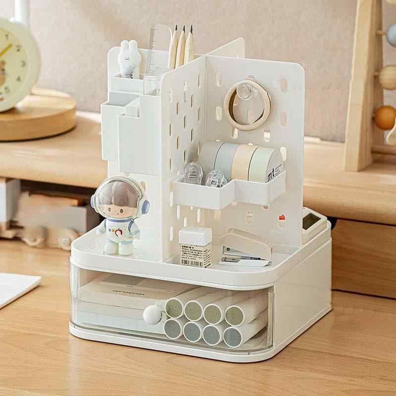 有孔ボード収納ラック 卓上用 引き出し付き PS樹脂製 モダン シンプル 穴あけ不要 コスメ 整理ボックス 寝室 洗面所 ドレッサー ホワイト|セキュアデポ