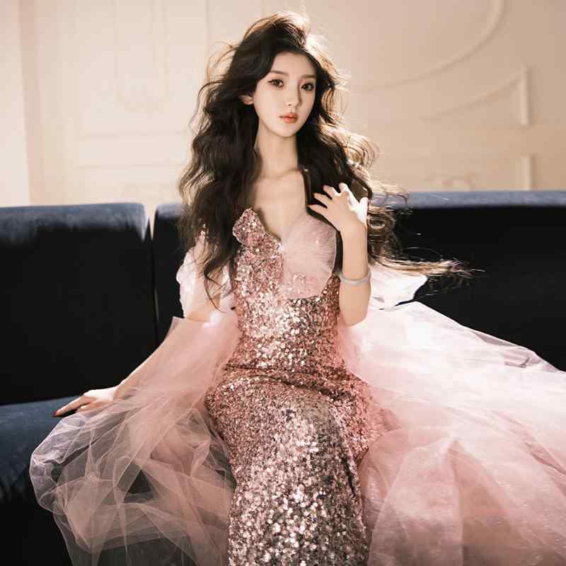 お召しもの レディース ロング 人魚 オフショルダー スパンコール 寄り合い 婚礼の儀 二次会 掻き鳴らす会 告げ知らせる会 でき事 ライトラグジュアリー 自己同一性派 サクラ色 ノースリーブ ご機嫌酉の方角 酉の方角目じるし 春夏 レディースファッション-ウェディングドレス