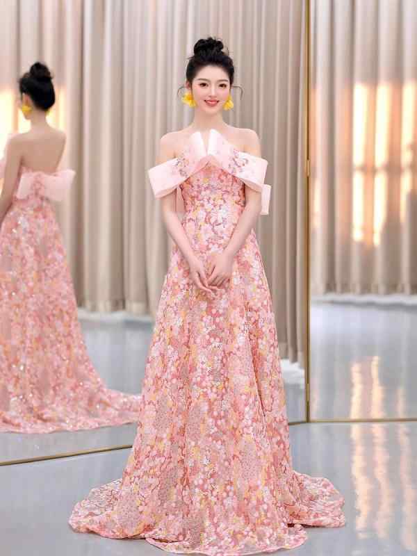 ドレス レディース オフショルダー ピンク 花柄 Aライン ロング丈 バックオープン ハイウエスト ノースリーブ 披露宴 宴会 結婚式 パーティー お呼ばれ コーラルピンク｜セキュアデポ