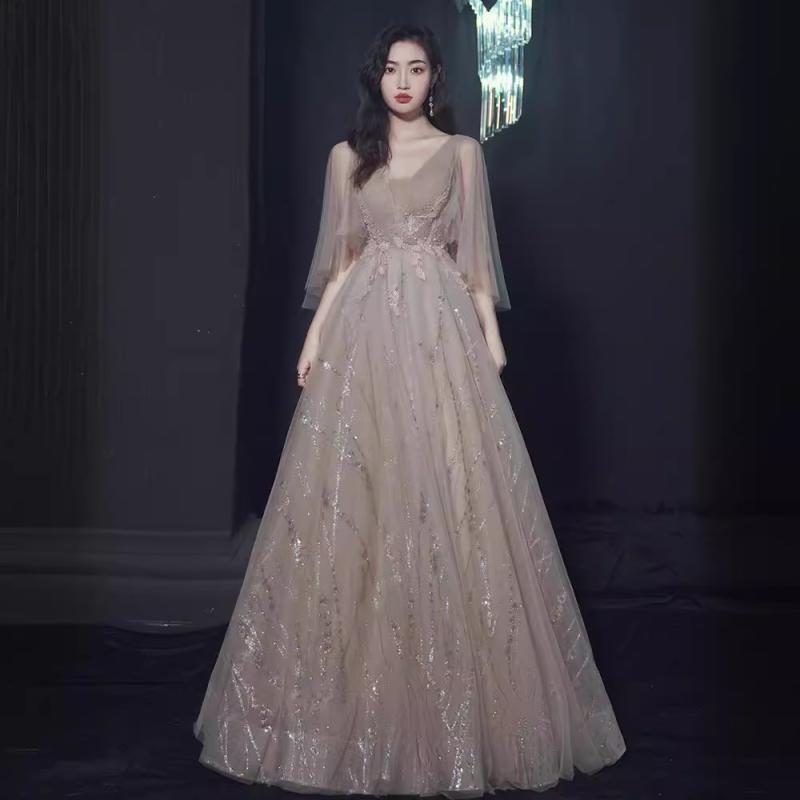 ドレス レディース 女性用 秋冬 宴会 パーティー 結婚式 演奏会 発表会 フォーマル エレガント ロング丈 深Vネック 七分袖 ベルスリーブ レースアップ フレアスカート ミドルウエスト ポリエステル ブラック|セキュアデポ