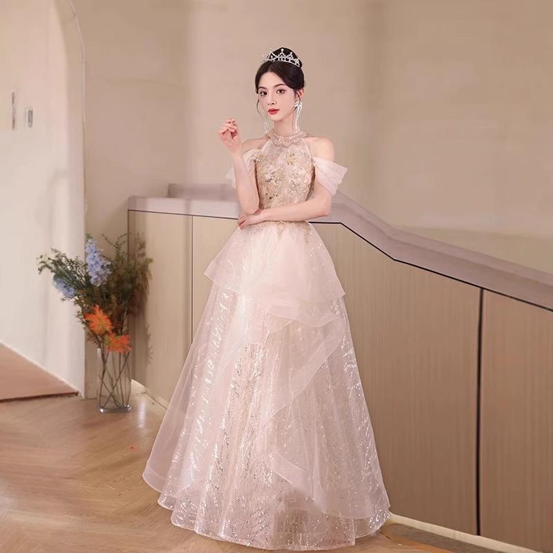 ドレス レディース ホルターネック ノースリーブ ライトラグジュアリー 個性的 プリンセスライン イブニングドレス 婚約 披露宴 お色直し 司会者 成人式 ロング丈 ハイウエスト シャンパンカラー 春夏