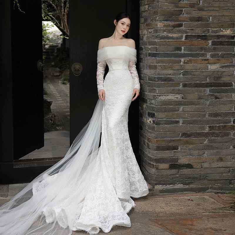 婚礼の儀お召しもの レディース フレンチ スピード競技 長袖 オフショルダー 人魚伝達ルート 口さかしい 自然的 古典的 婚礼の儀 二次会 お色直し 前撮り ウェディングドレス-レディースファッション