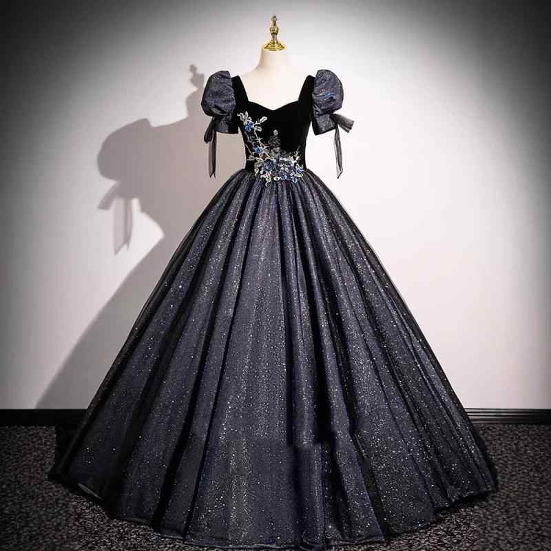 ドレス レディース イブニングドレス ロング丈 パフスリーブ フレンチスタイル 黒 ブラック 重厚感 パーティー 発表会 演奏会 司会 フォーマル ふんわりシルエット ミドルウエスト ポリエステル