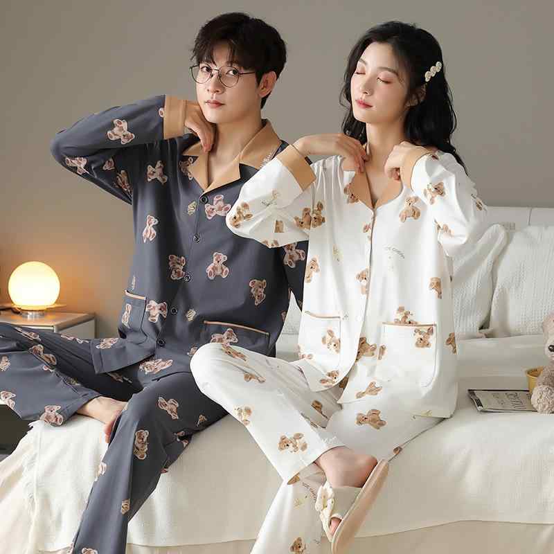 パジャマ レディース メンズ カップル ペア 純綿 コットン 長袖 セットアップ 春秋 くま柄 外出OK ルームウェア 部屋着 カジュアル リラックス 快適