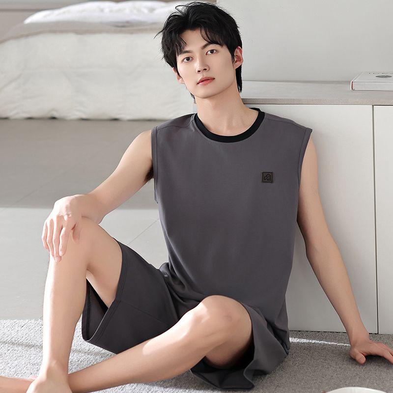 パジャマ メンズ 男性用 ノースリーブ タンクトップ 薄手 丸首 夏用 ショートパンツ 綿素材 大きいサイズ 高級感 シンプル 快適 リラックス ルームウェア セットアップ 上下セット ワンマイルウェア