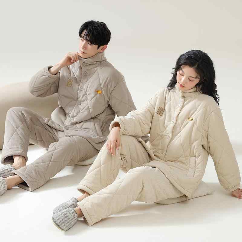 裏起毛 厚手 三層 中綿入り サンゴフリース パジャマ レディース メンズ カップル 女性用 男性用 ルームウェア 部屋着 上下セット セットアップ 保温 防寒 暖かい 快適 ワンマイルウェア 秋冬