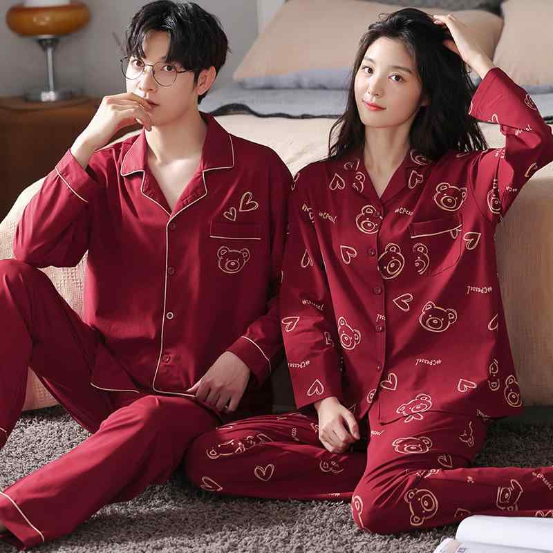 ルームウェア パジャマ メンズ レディース 結婚祝い 新婚 カップル ペア 上下セット 赤 レッド コットン 綿 長袖 長パンツ 襟付き ポロ襟 中厚手 快適 通気性 外出OK ワンマイルウェア 春秋 秋冬 高級感
