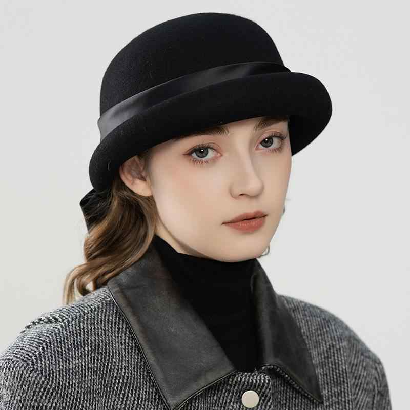 帽子 レディース ウールフェルト バケットハット フェドラ 保温 防風 つば広 リボン フレンチ エレガント 高級感 ブリティッシュ ラウンドトップ サイズ調整可能 秋冬