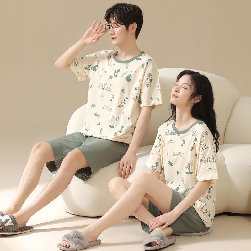 ルームウェア パジャマ メンズ レディース カップル ペアルック 純綿100% 夏物 半袖 ショートパンツ セットアップ おしゃれ かわいい 切り替えデザイン 快適 薄手 通気性 涼しい 部屋着 ワンマイルウェア