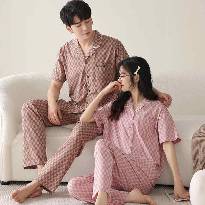パジャマ メンズ レディース 男女兼用 カップル ペア モダール 接触冷感 薄手 通気性 ストレッチ 高級感 チェック柄 開襟 半袖 長パンツ 上下セット ルームウェア 部屋着 ワンマイルウェア 春夏 カジュアル