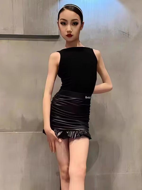 ラテンダンス 衣装 キッズ 女の子 ノースリーブ トップス 高級感 セパレート ミニスカート セットアップ 練習着 レッスン着 発表会 競技用 ナイロン 黒