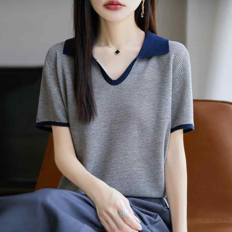 ニット レディース テンセル ライセル繊維 ポロ襟 半袖 Tシャツ 配色 切り替え プルオーバー ゆったり 涼しい 快適 トップス 大人カジュアル 春夏