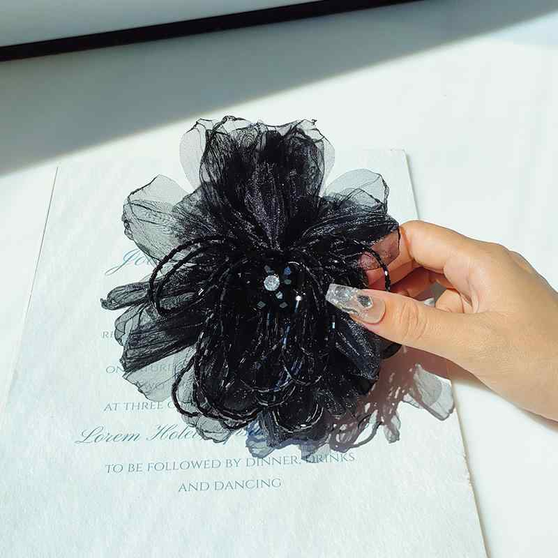 ヘアクリップ レディース ブラック 凝ったデザイン ハンドメイド ラインストーン チュール タッセル バラモチーフ 大きめ 韓国風 レトロ 万能 髪留め バレッタ 結婚式 パーティー エレガント