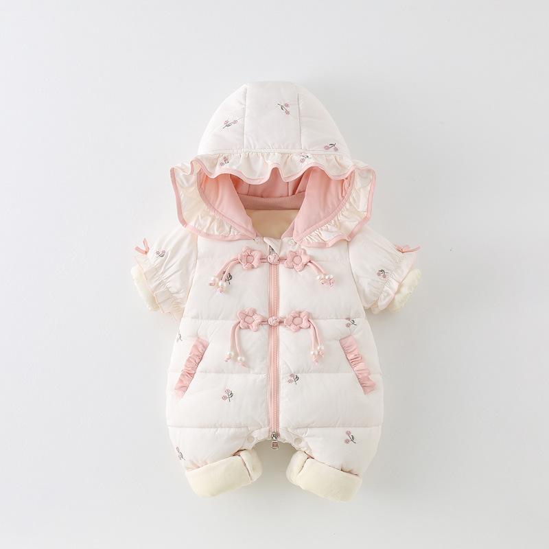ベビー ロンパース 女の子 冬 裏起毛 厚手 あったか 防寒 中綿入り カバーオール フード付き ジップアップ 長袖 かわいい お出かけ 外出着 赤ちゃん 新生児 60 70 80 90cm ピンク