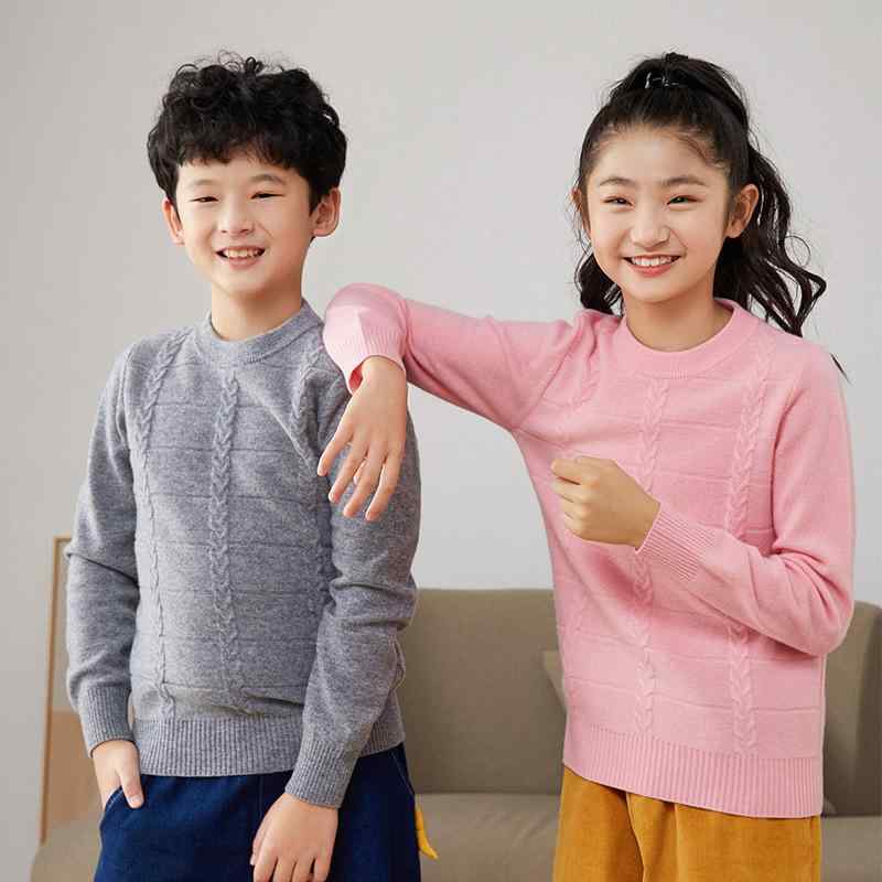 キッズ 男女兼用 セーター 秋冬 ウール100% ジャガード プルオーバー 無地 シンプル 厚手 あったか 長袖 丸首 ソフトな肌触り 中大童 通学 普段着 100-170cm対応