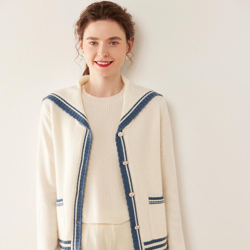 カーディガン レディース フレンチシック セーラーカラー カシミヤ混 ニット ゆったり 長袖 レトロ 上品 エレガント 中厚手 秋冬 通勤 トップス 着回し