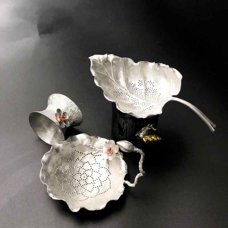 茶こし 錫製 手作り 上質 ティーインフューザー 茶葉フィルター 茶葉濾過器 葉っぱ カエル ハス トンボ 梅 竹 モチーフ 中国茶器 功夫茶道具 台座付き アジアンモダン ティーウェア